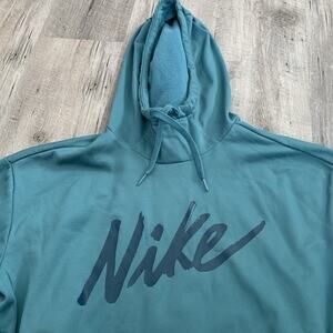 NIKE Therma Fit Logo Hoodie Womens Sz Small Teal Green Script Hooded Sweatshirt